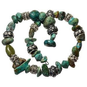 Simulated Turquoise & Silver Tone Stone Coil Flex Bracelet Variscite